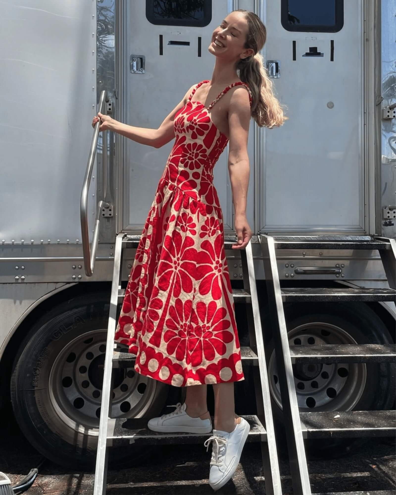 woman in red dress wearing white Ibiza Sneakers